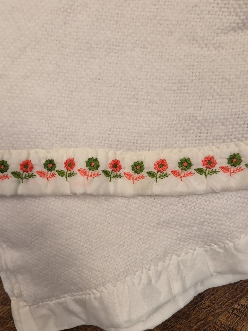Vintage White Waffle Weave Blanket With Embroidered Satin Trim Around 85 X 85
